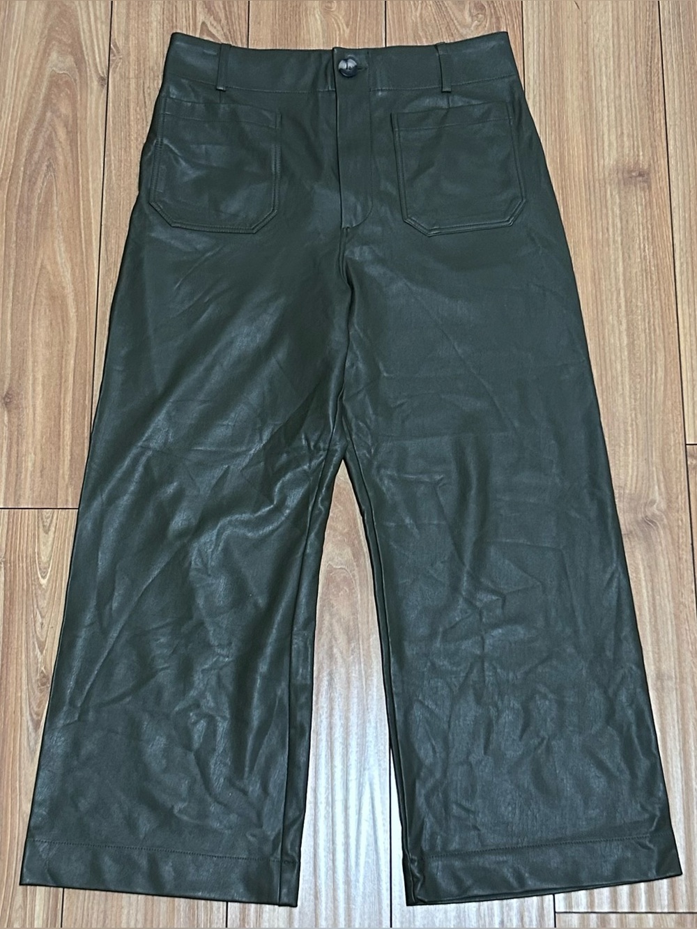 Maeve Anthropologie The Colette Faux Leather Pant Green Wide Leg Crop Boho  31